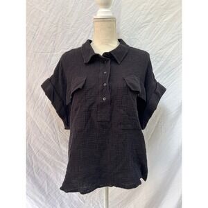 Calvin Klein 2XL Black Gauze Shirt Top Short Sleeve Collared Button Pockets